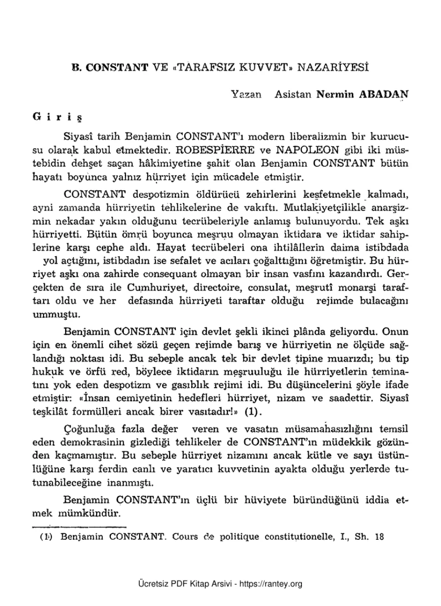Nermin Abadan Unat B Constant ve Tarafsız Kuvvet Nazariyesi SBF Dergisi Cilt 1 Sayı 7 kapak görseli
