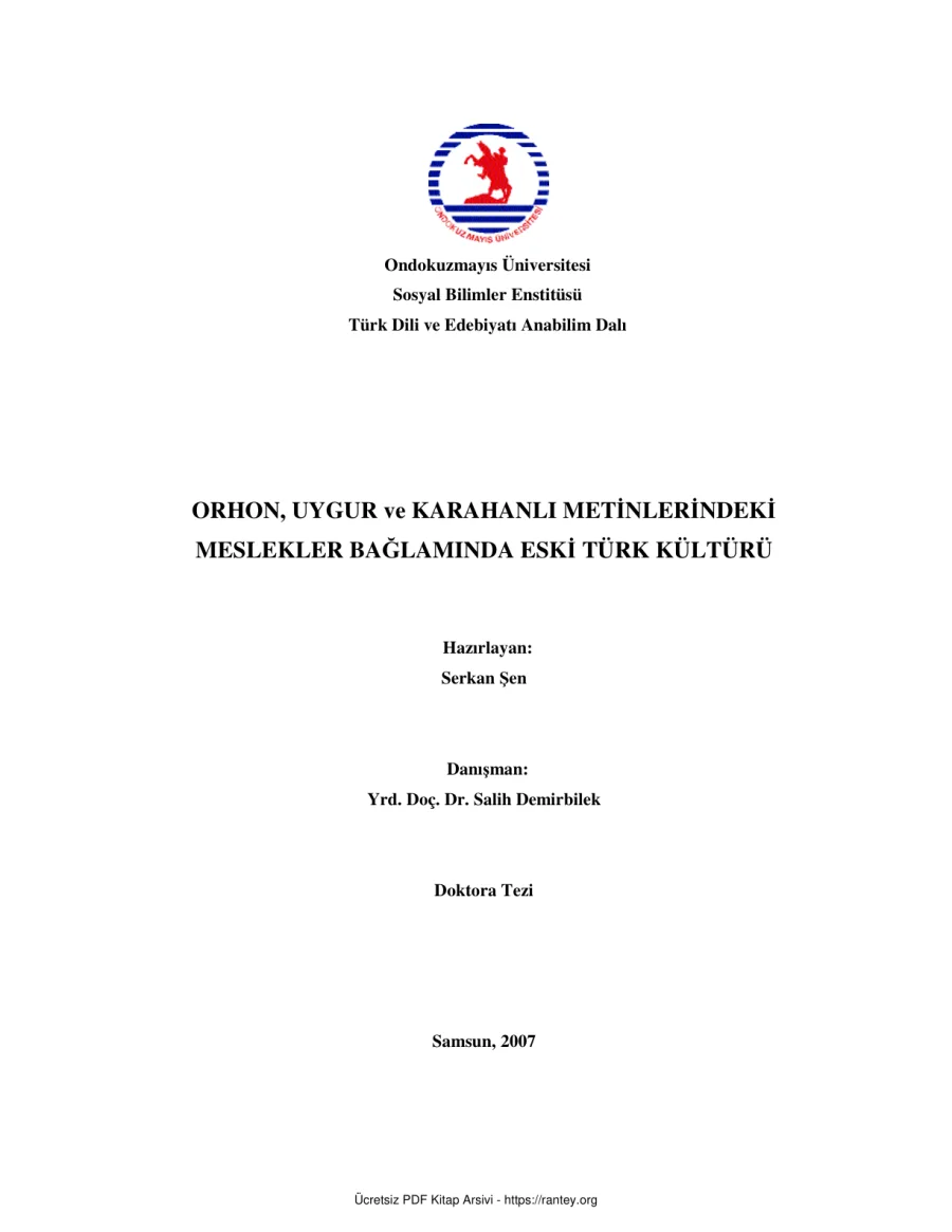 Orhon Uyqur Ve Qaraxanli Metinlerindeki Meslekler Baghlaminda Eski Turk KulturuSerkan Sen Samsun 2007 kapak görseli