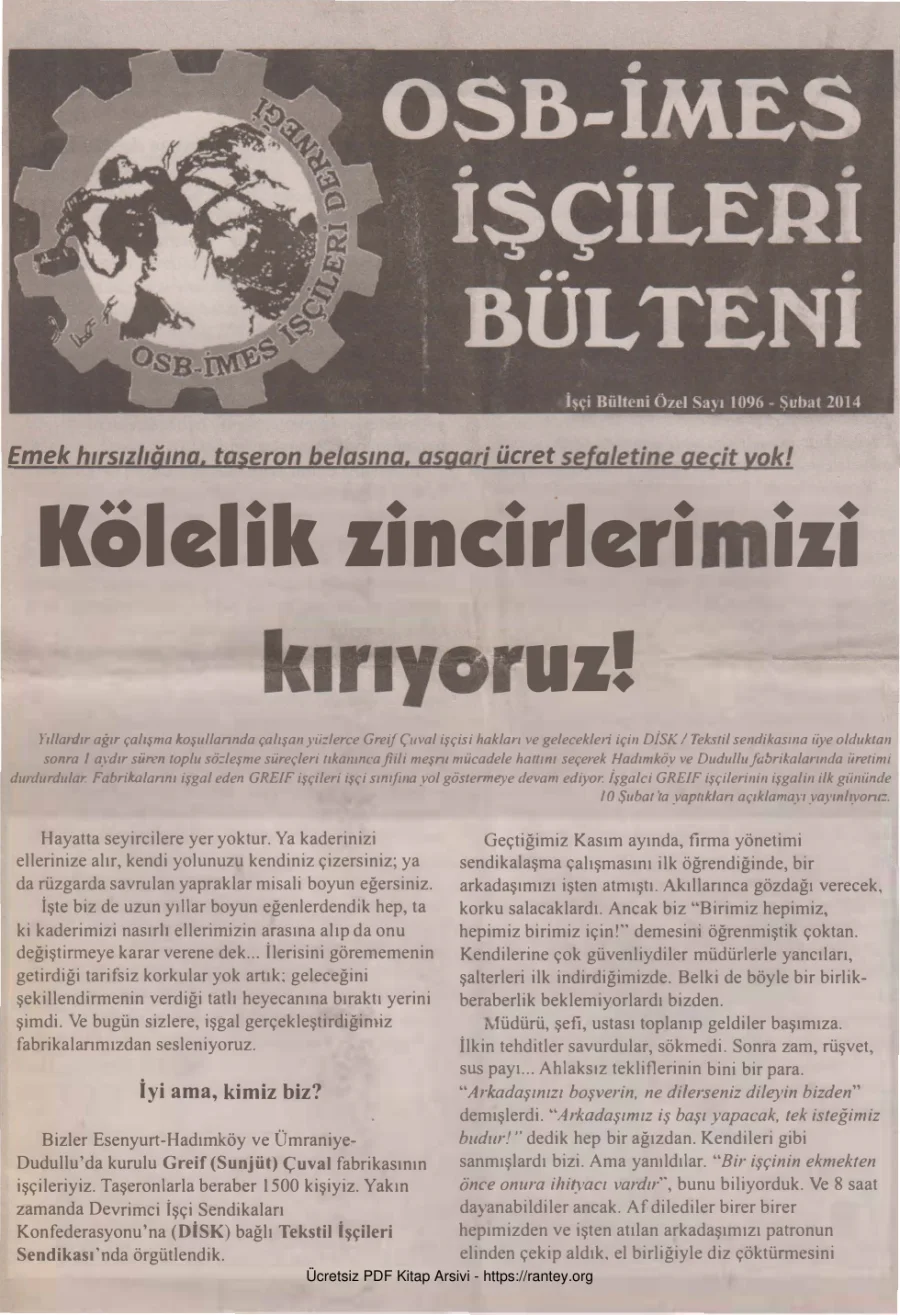 OSB İmes İşçileri Bülteni İşçi Bülteni Özel Sayı 1096 Şubat 2014 kapak görseli