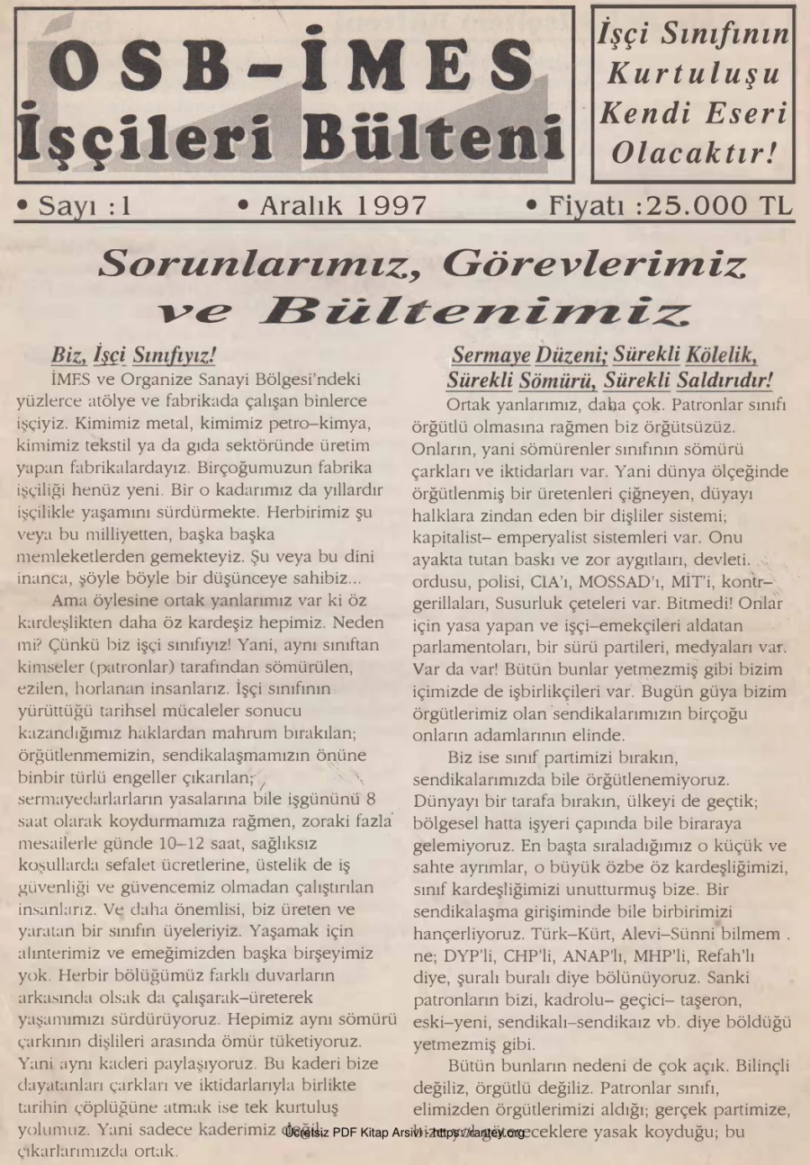 OSB İMES İşçileri Bülteni Sayı 01 Aralık 1997 kapak görseli