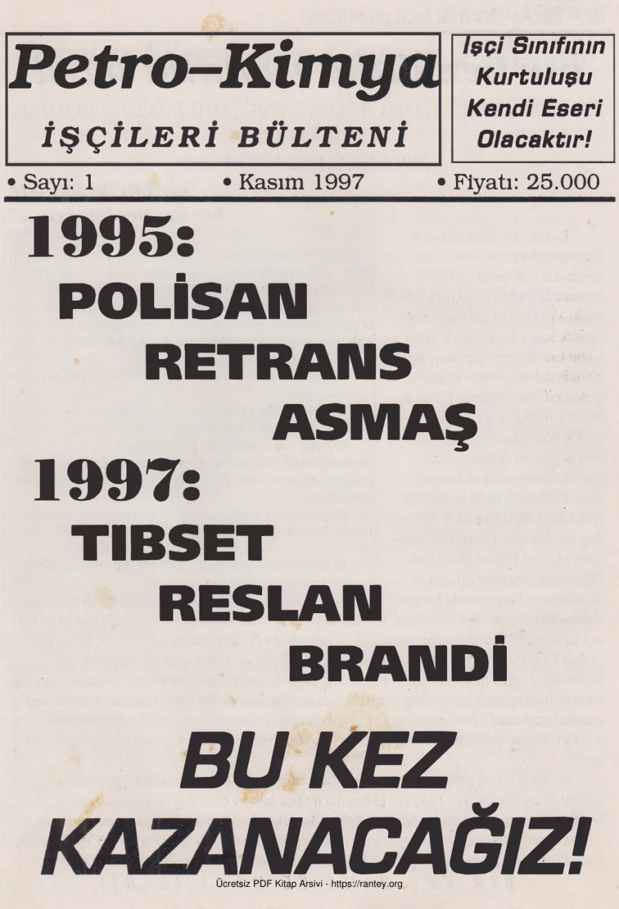 Petro Kimya İşçileri Bülteni Sayı 01 Kasım 1997 kapak görseli