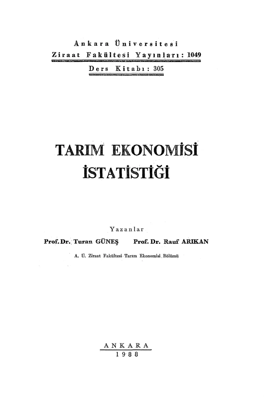 Rauf Arıkan Tarım Ekonomisi İstatistiği AÜZF Yayınları kitap kapağı