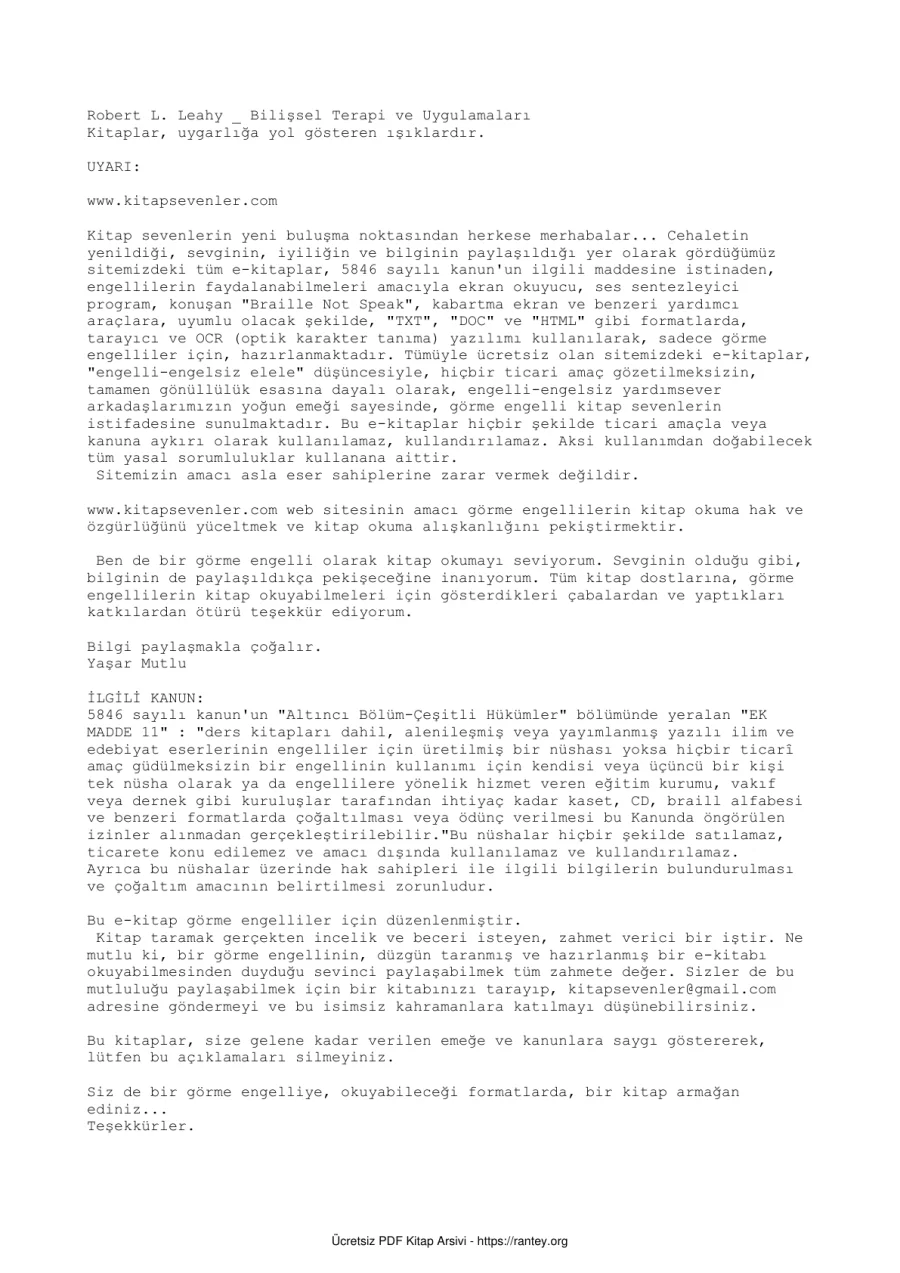 Robert L Leahy Bilişsel Terapi ve Uygulamaları kapak görseli