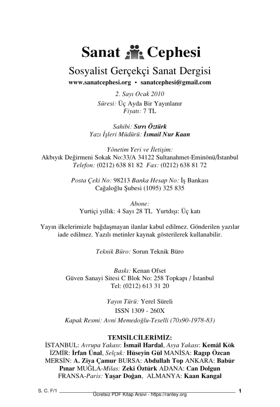 Sanat Cephesi Sayı 02 Ocak 2010 kapak görseli