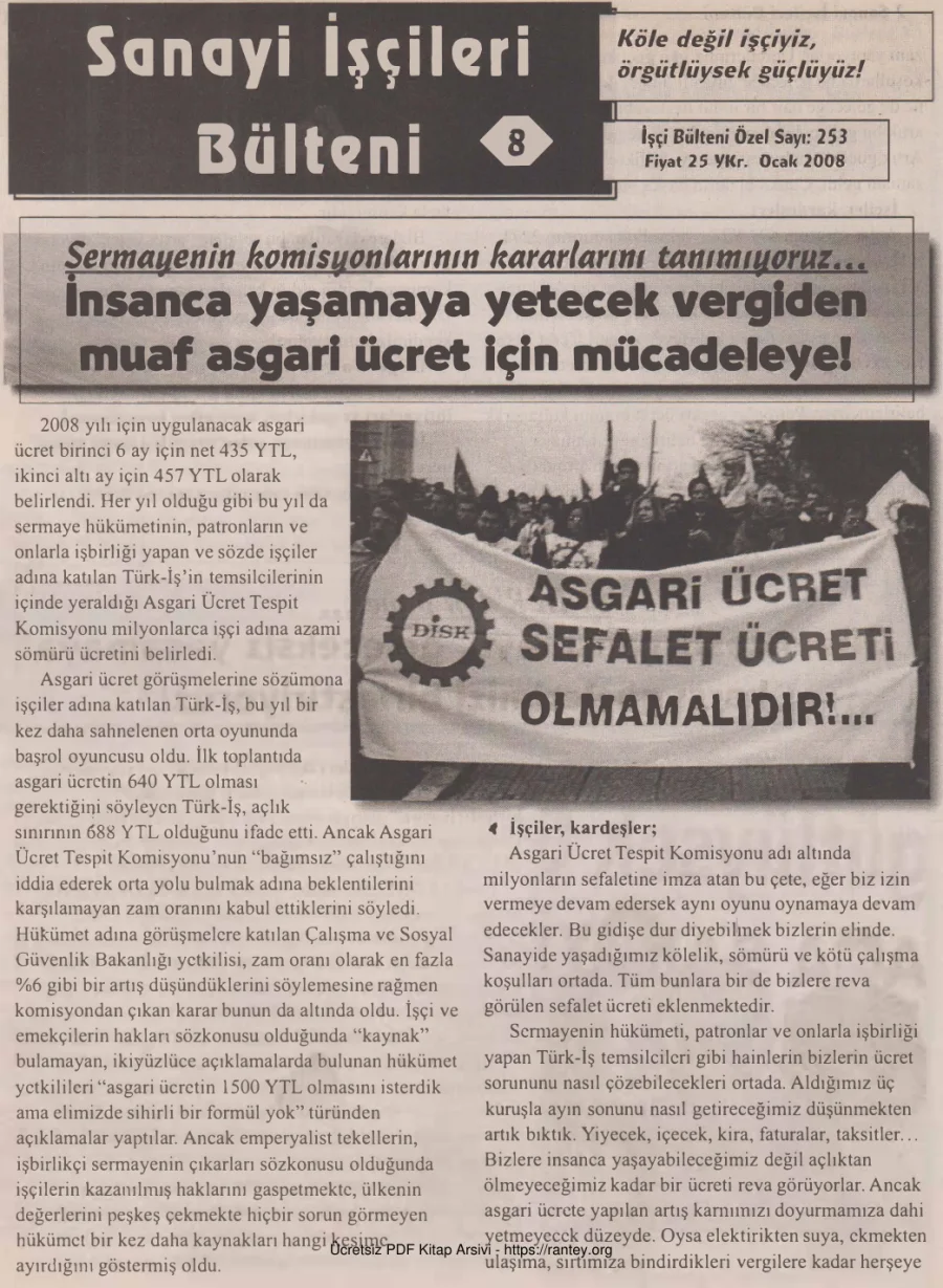 Sanayi İşçileri Bülteni 008 İşçi Bülteni Özel Sayı 253 Ocak 2008 kapak görseli