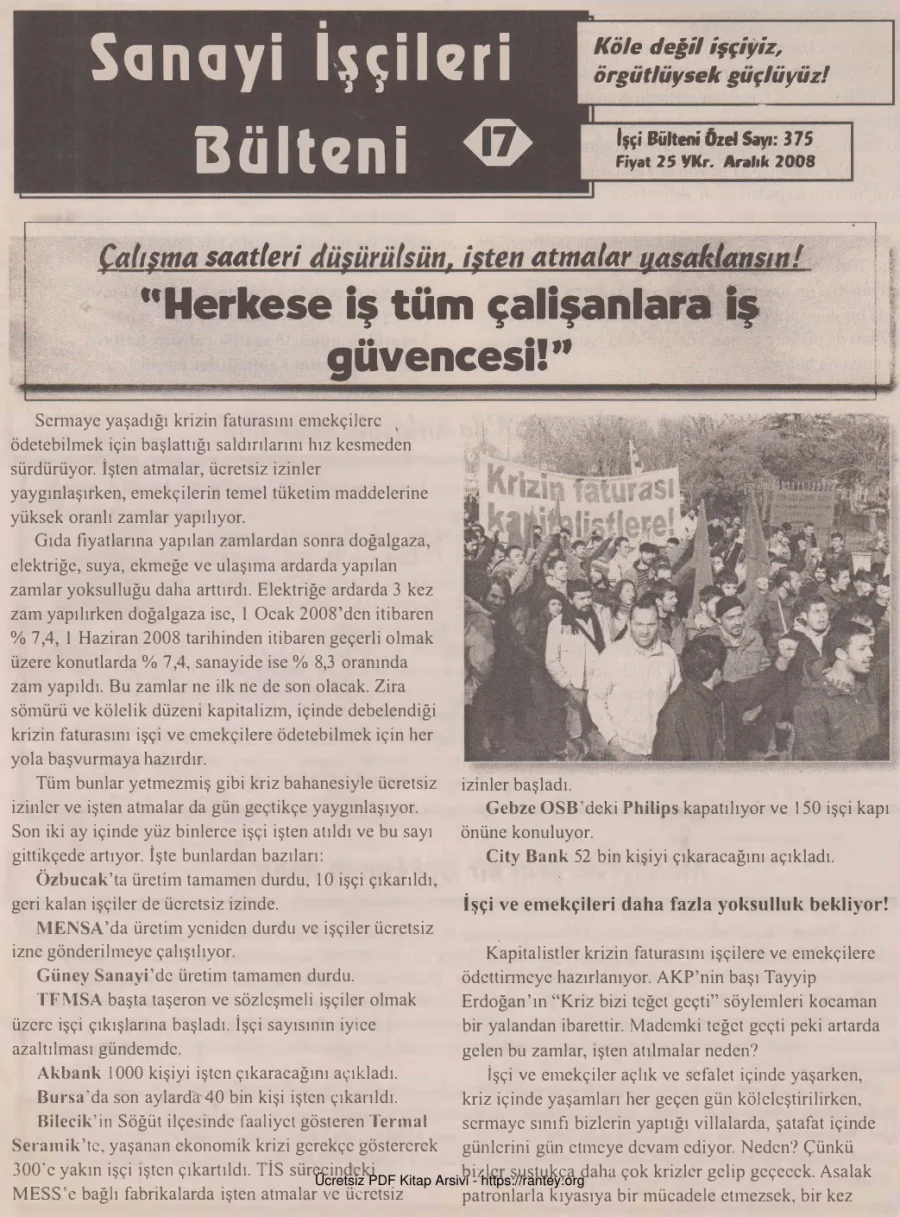 Sanayi İşçileri Bülteni 017 İşçi Bülteni Özel Sayı 375 Aralık 2008 kapak görseli
