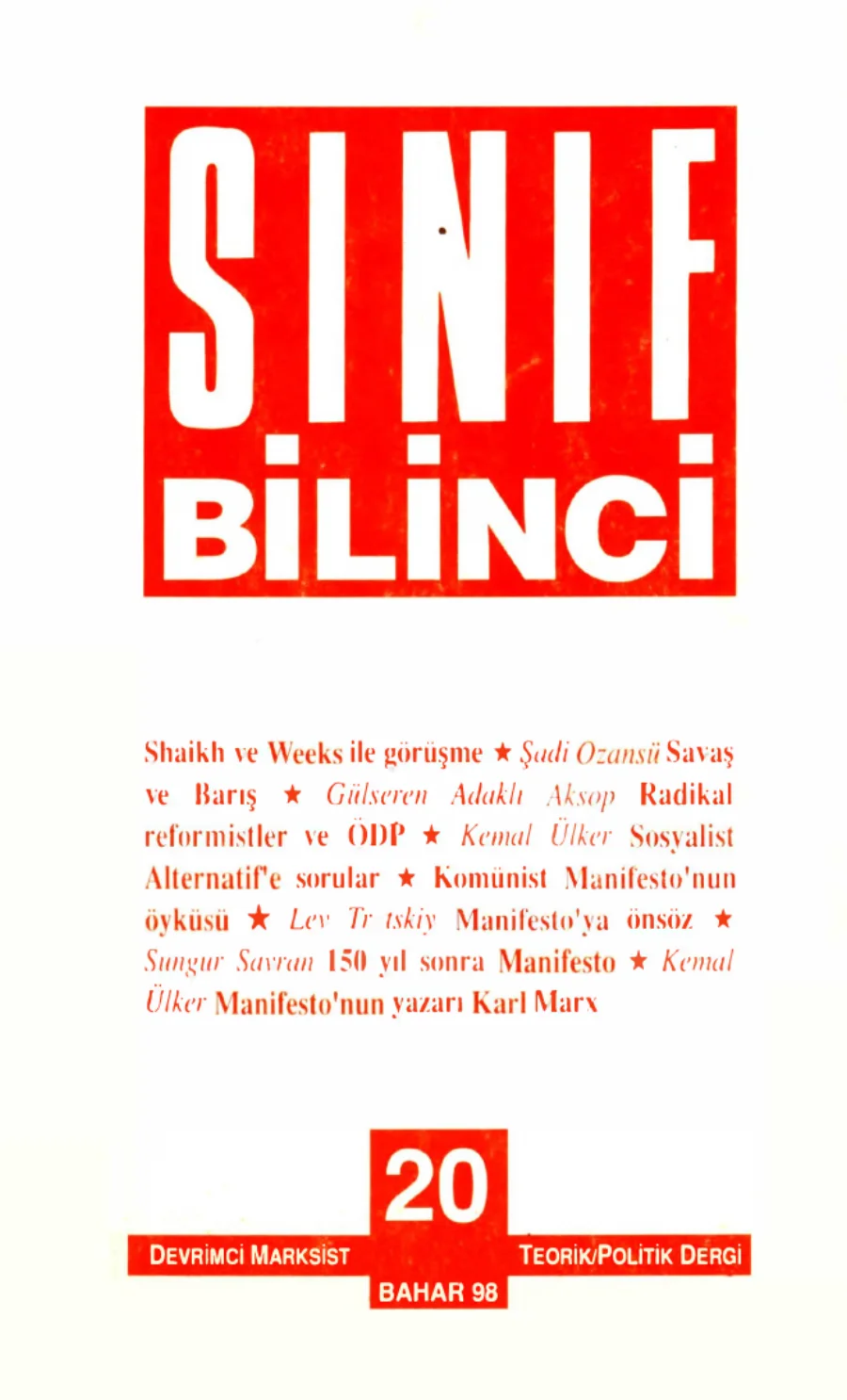 Sınıf Bilinci Dergisi Sayı 20 1998 Bahar kapak görseli
