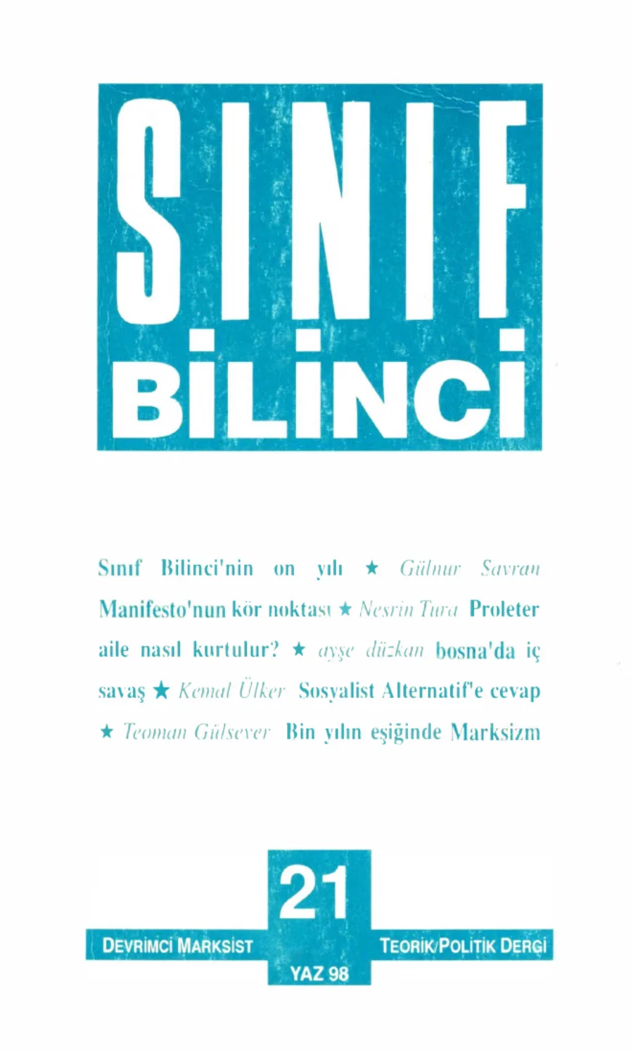 Sınıf Bilinci Dergisi Sayı 21 1998 Yaz kapak görseli