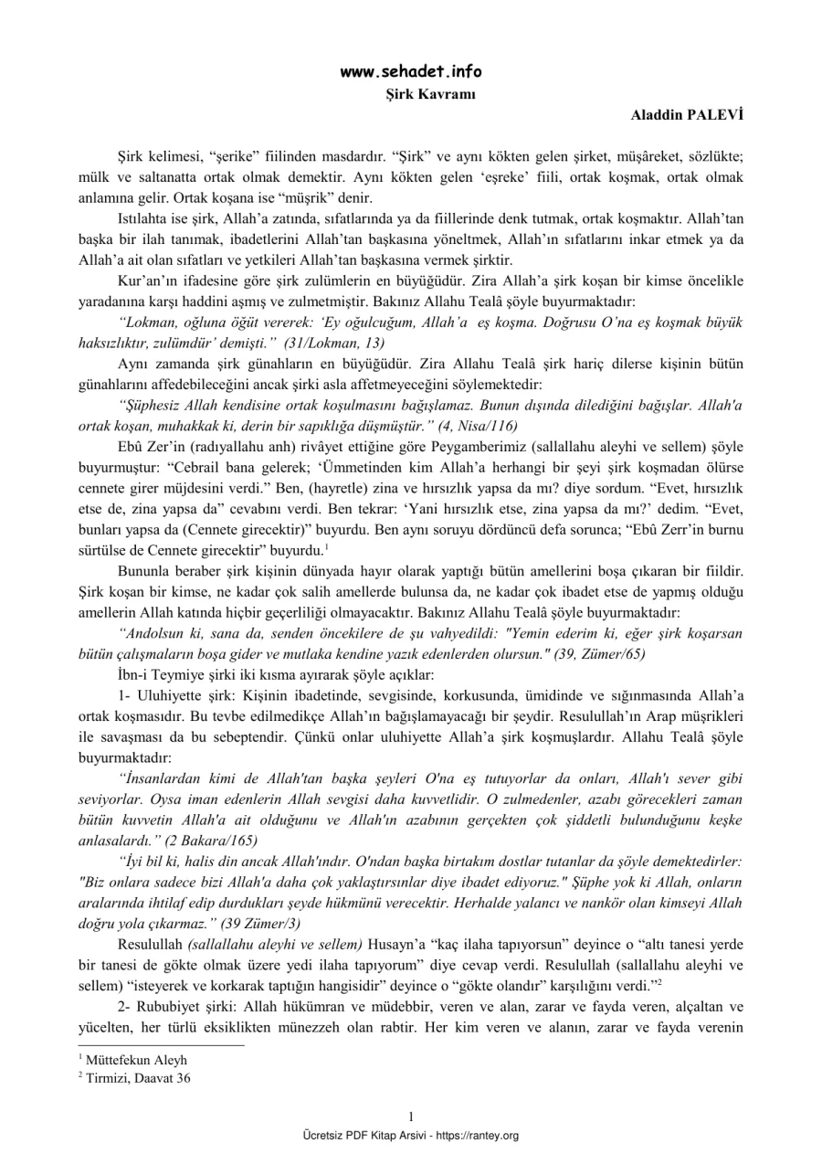 ŞİRK KAVRAMI ALADDİN PALEVİ KAVRAMI Ebu Abdulmumin Tekin Mıhçı kapak görseli