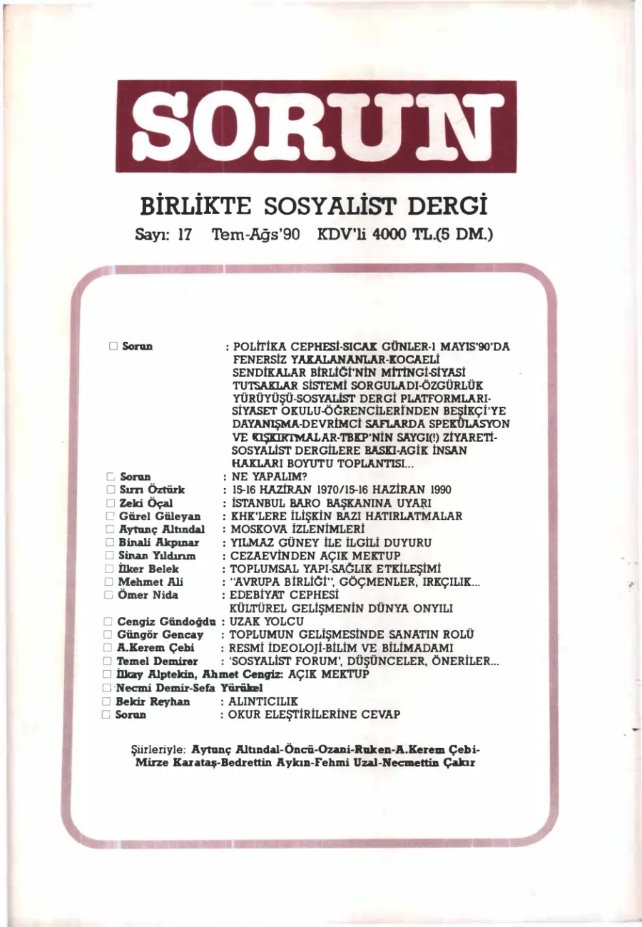Sorun Birlikte Sosyalist Dergi Sayı 17 Temmuz Ağustos kapak görseli