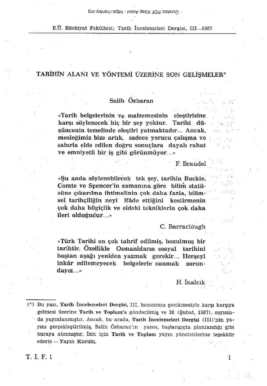 Tarih Alanı Ve Yöntemi Üzerine Son Gelişmeler kapak görseli
