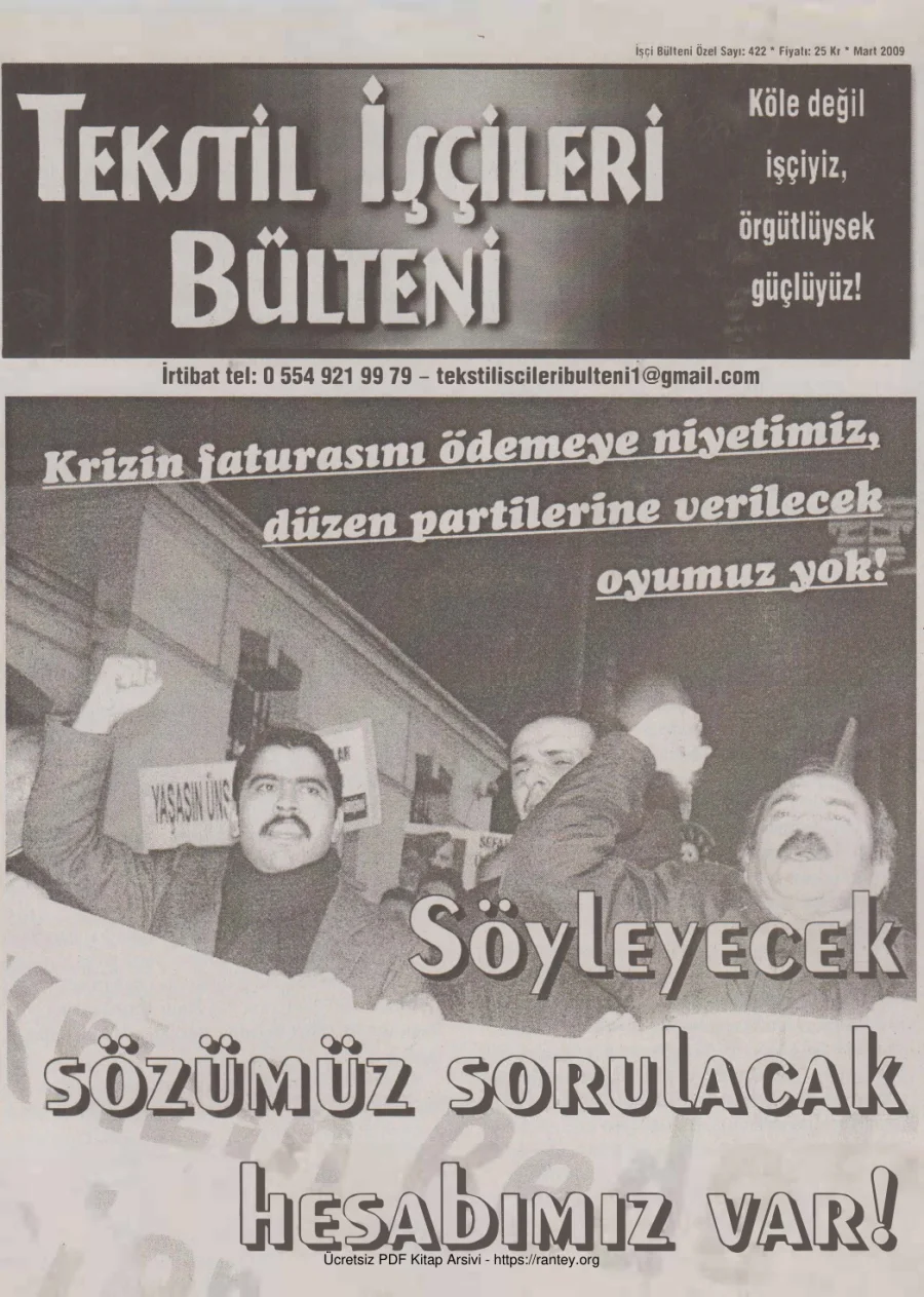 Tekstil İşçileri Bülteni İşçi Bülteni Özel Sayı 422 Mart 2009 kapak görseli