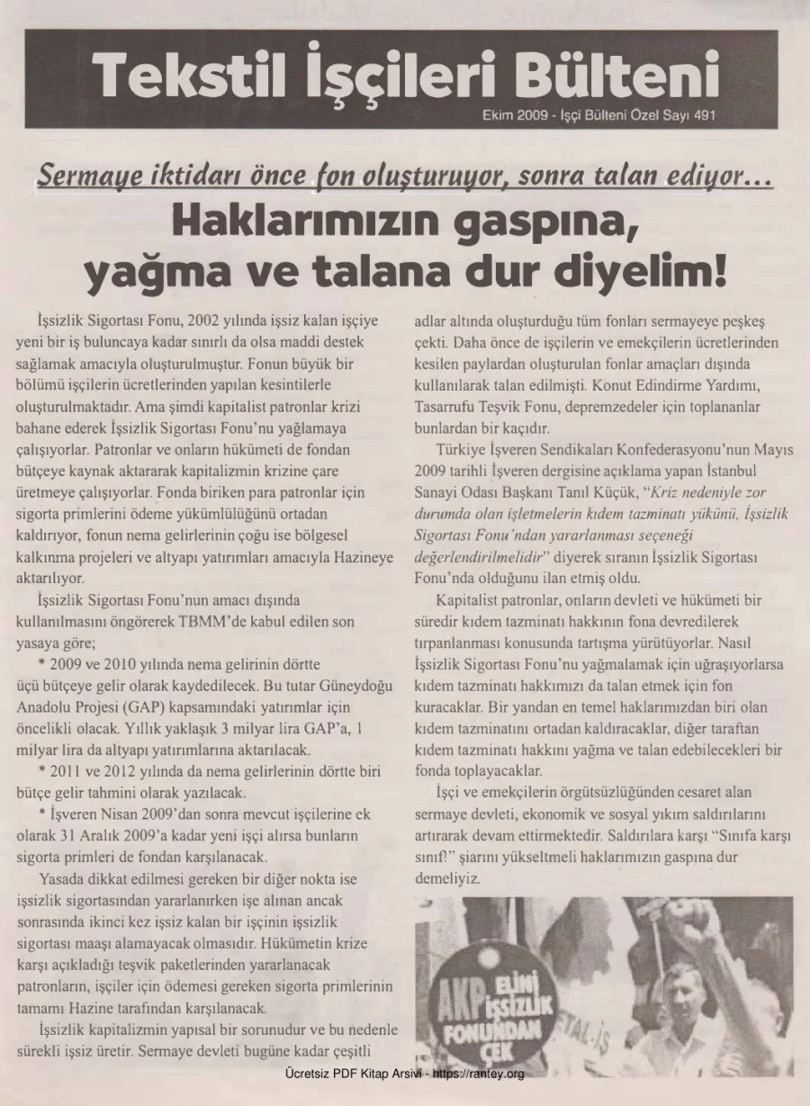 Tekstil İşçileri Bülteni İşçi Bülteni Özel Sayı 491 Ekim 2009 kapak görseli
