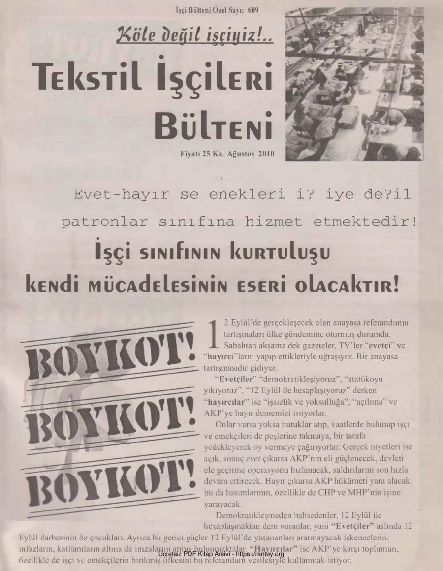 Tekstil İşçileri Bülteni İşçi Bülteni Özel Sayı 609 Ağustos 2010 kapak görseli