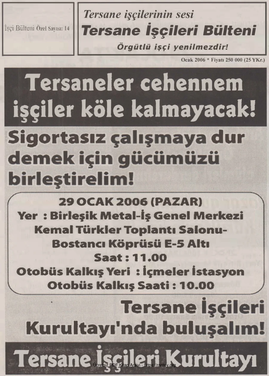 Tersane İşçileri Bülteni İşçi Bülteni Özel Sayı 14 Ocak 2006 kapak görseli