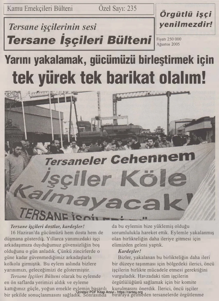 Tersane İşçileri Bülteni Kamu Emekçileri Bülteni Özel Sayı 235 Ağustos 2005 kapak görseli