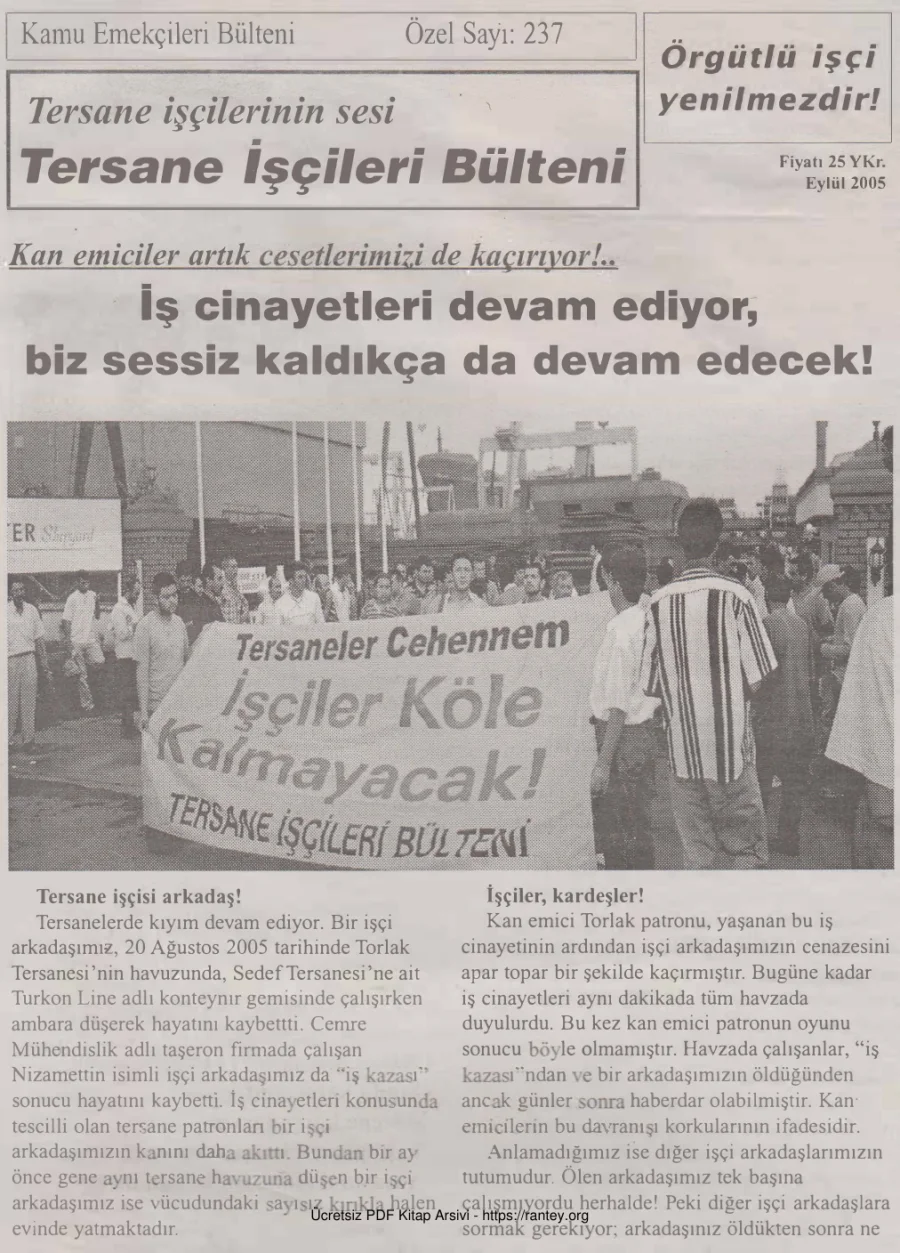 Tersane İşçileri Bülteni Kamu Emekçileri Bülteni Özel Sayı 237 Eylül 2005 kapak görseli