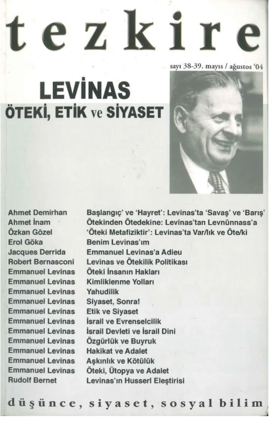 Tezkire Dergisi Sayı 38 39 Ağustos 2004 Levinas Özel Sayısı kitap kapağı