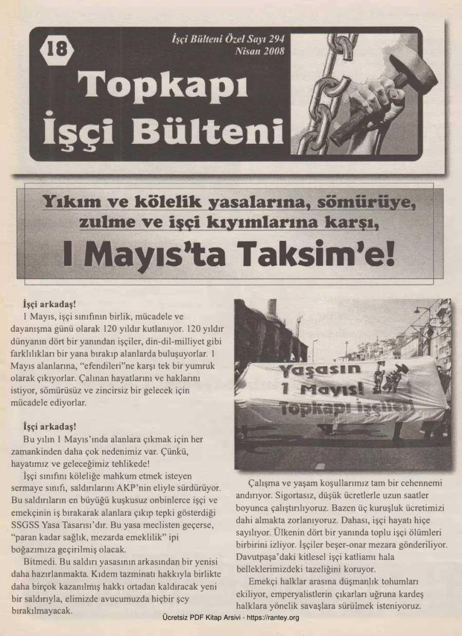 Topkapı İşçi Bülteni İşçi Bülteni Özel Sayı 294 Nisan 2008 kapak görseli