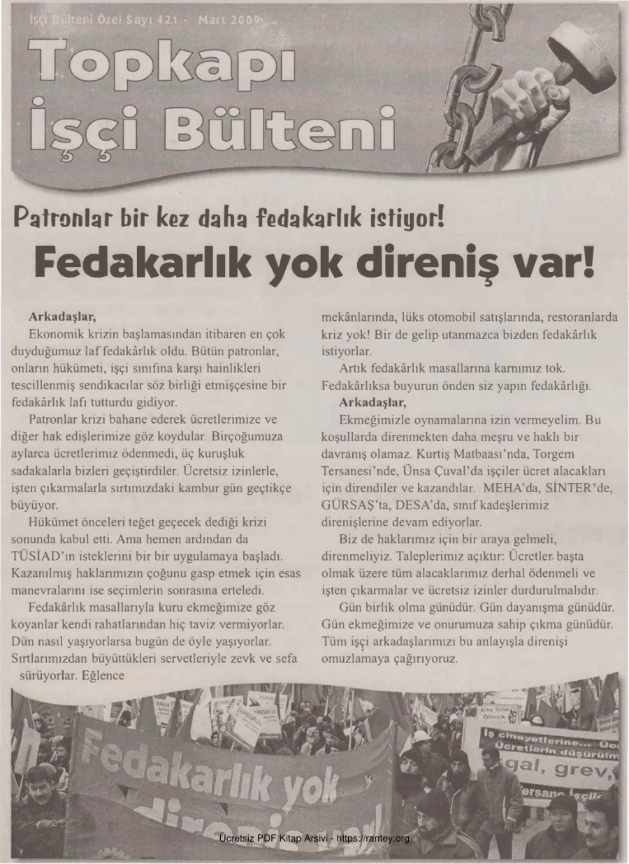 Topkapı İşçi Bülteni İşçi Bülteni Özel Sayı 421 Mart 2009 kapak görseli
