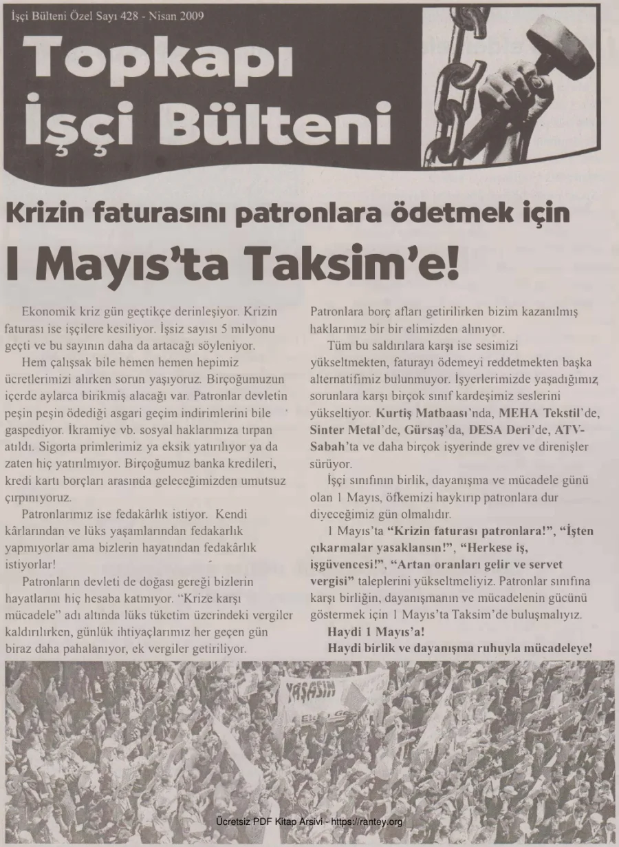 Topkapı İşçi Bülteni İşçi Bülteni Özel Sayı 428 Nisan 2009 kapak görseli