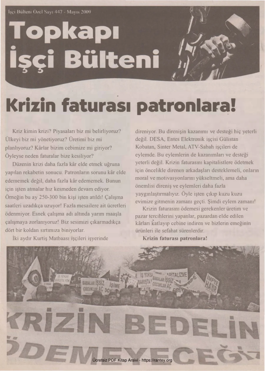 Topkapı İşçi Bülteni İşçi Bülteni Özel Sayı 447 Mayıs 2009 kapak görseli