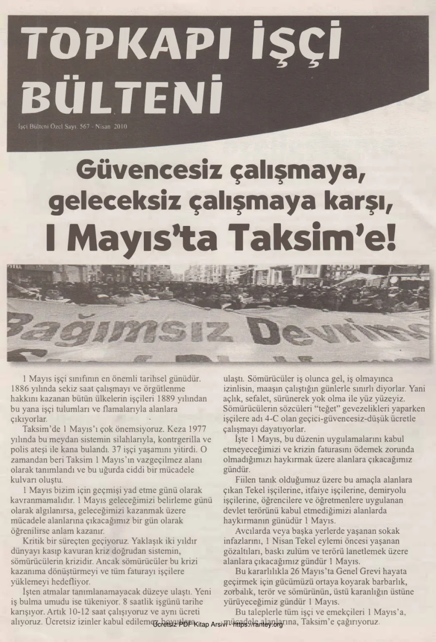 Topkapı İşçi Bülteni İşçi Bülteni Özel Sayı 567 Nisan 2010 kapak görseli
