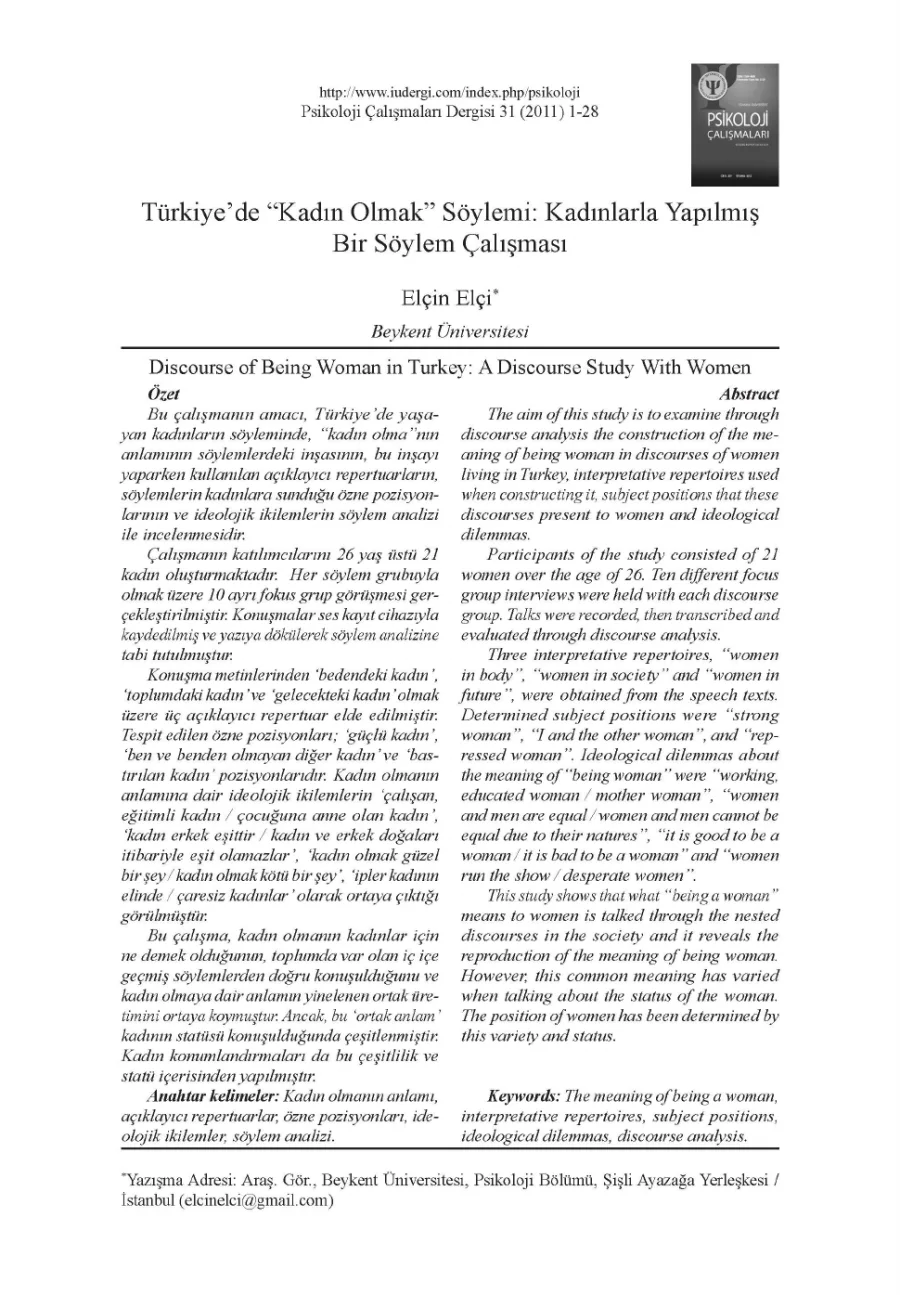 Türkiye'de Kadın Olmak Söylemi: Kadınlarla Yapılmış Bir Söylem Çalışması PDF kapak görseli