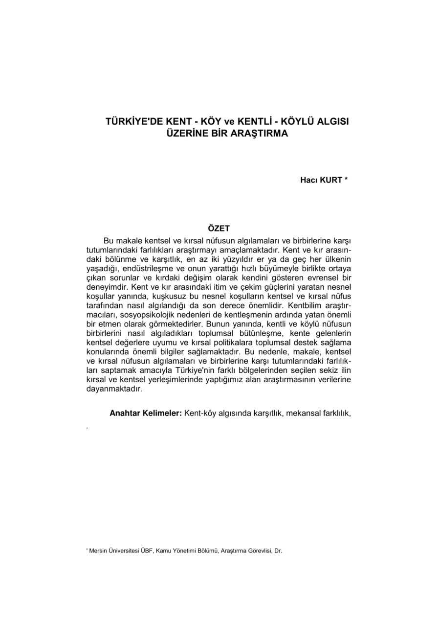 Türkiye'de Kent, Köy ve Kentli-Köylü Algısı Üzerine Bir Araştırma kapak görseli