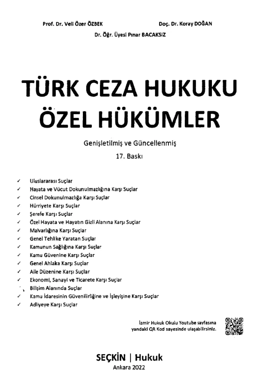vd Türk Ceza Hukuku Özel Hükümler Seçkin Hukuk Yayınları kapak görseli