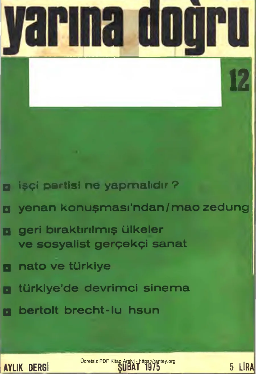 Yarına Doğru Aylık Siyaset Kültür Sanat Dergisi Sayı 12 Şubat 1975 kapak görseli