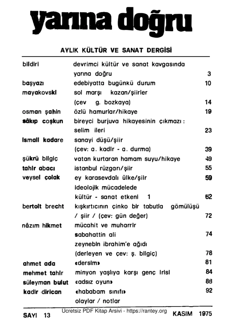 Yarına Doğru Aylık Siyaset Kültür Sanat Dergisi Sayı 13 Kasım 1975 kapak görseli