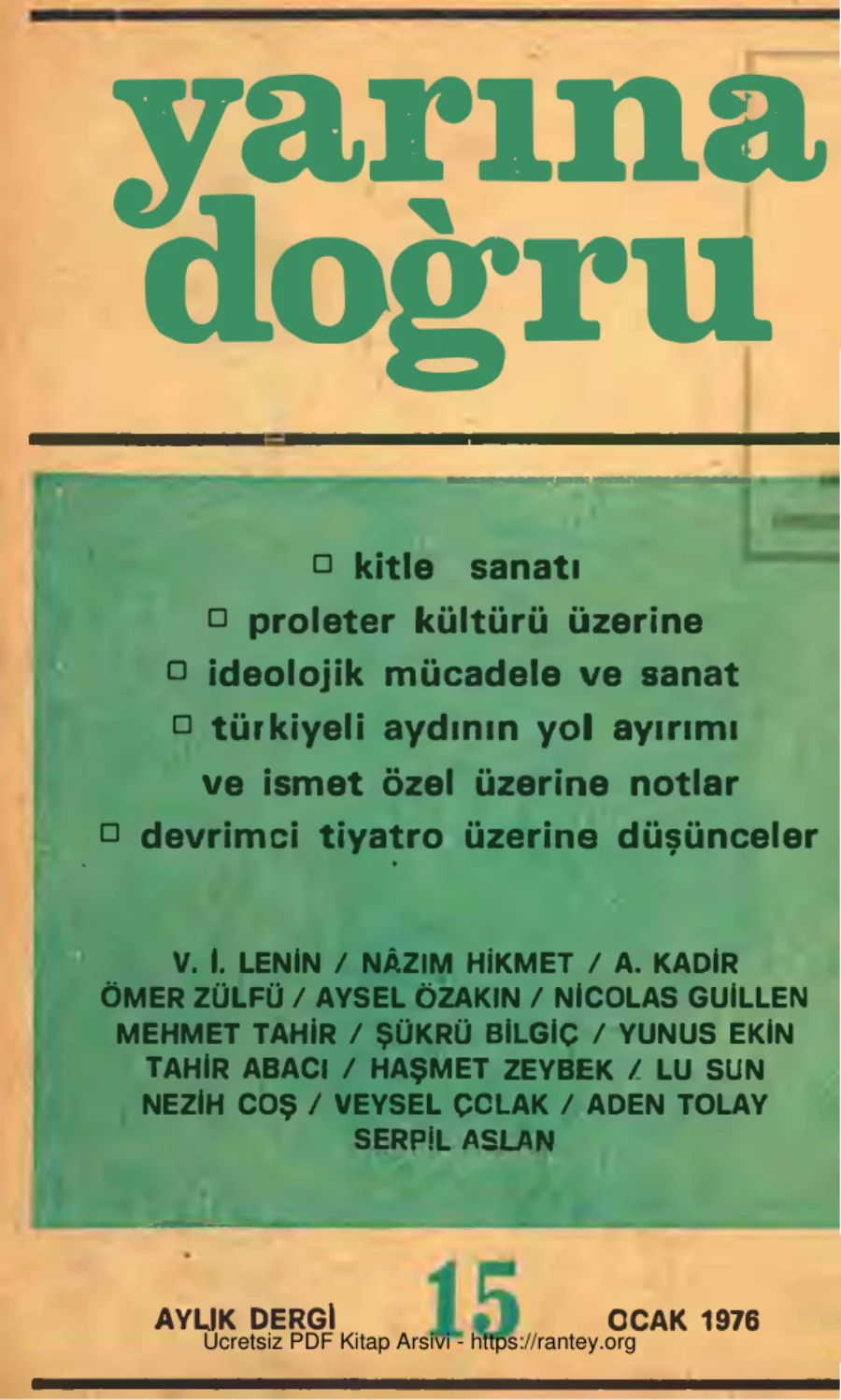 Yarına Doğru Aylık Siyaset Kültür Sanat Dergisi Sayı 15 Ocak 1976 kapak görseli