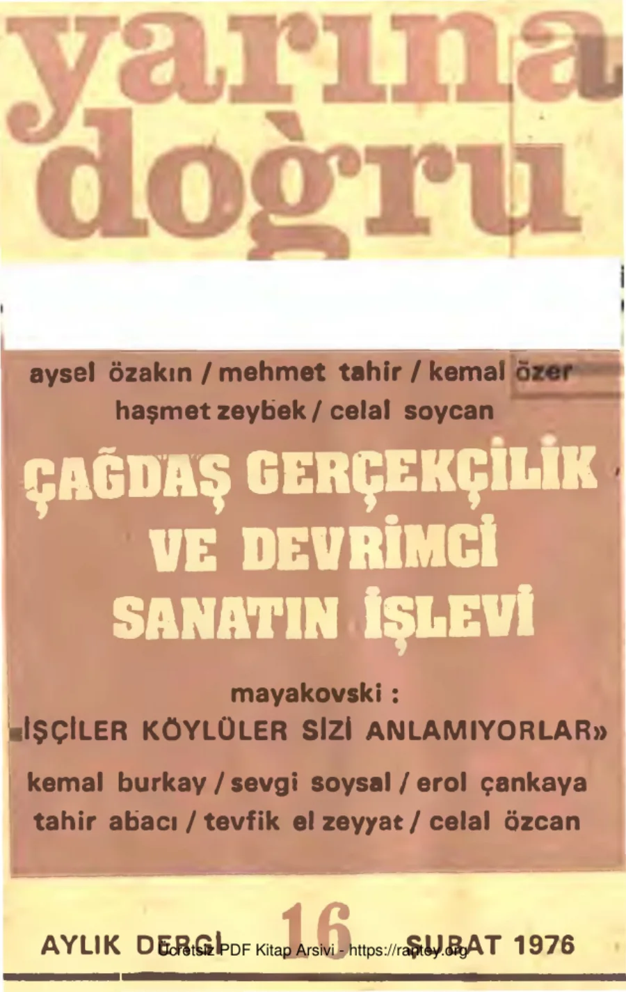 Yarına Doğru Aylık Siyaset Kültür Sanat Dergisi Sayı 16 Şubat 1976 kapak görseli