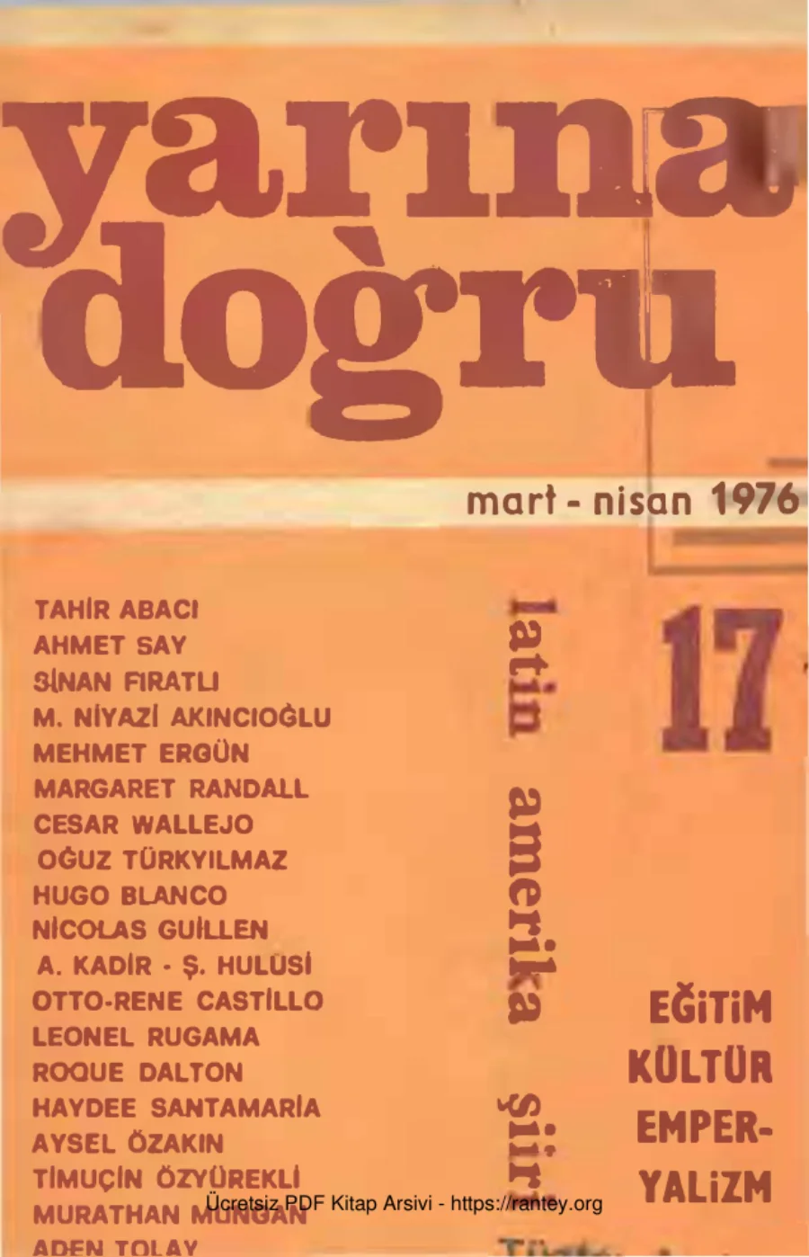 Yarına Doğru Aylık Siyaset Kültür Sanat Dergisi Sayı 17 Mart Nisan 1976 kapak görseli