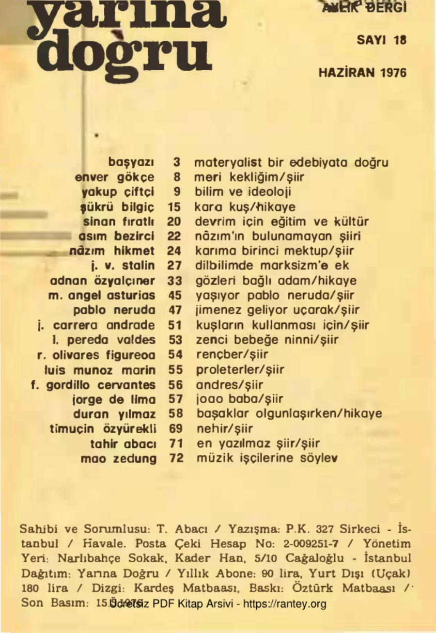 Yarına Doğru Aylık Siyaset Kültür Sanat Dergisi Sayı 18 Mayıs Haziran 1976 kapak görseli