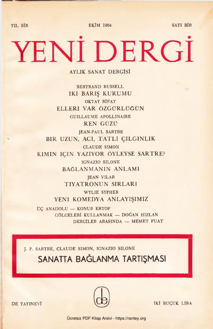 Yıl 1964 Sayı 1 Ekim 1964 Sanatta Bağlanma Tartışmaları kapak görseli