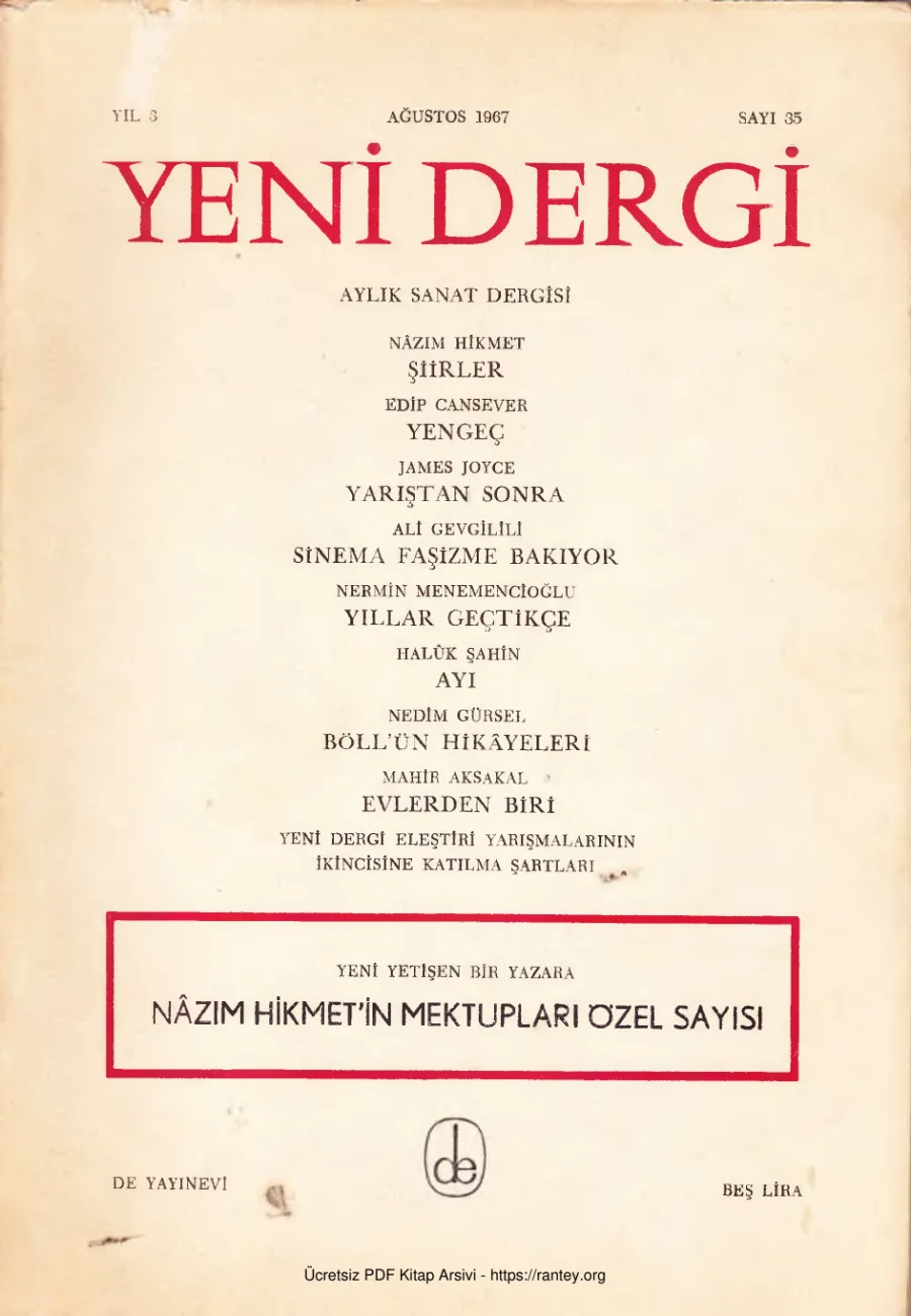 Yıl 1967 Sayı 35 Ağustos 1967 Nazim Hikmet Mektuplar Özel Sayısı kapak görseli