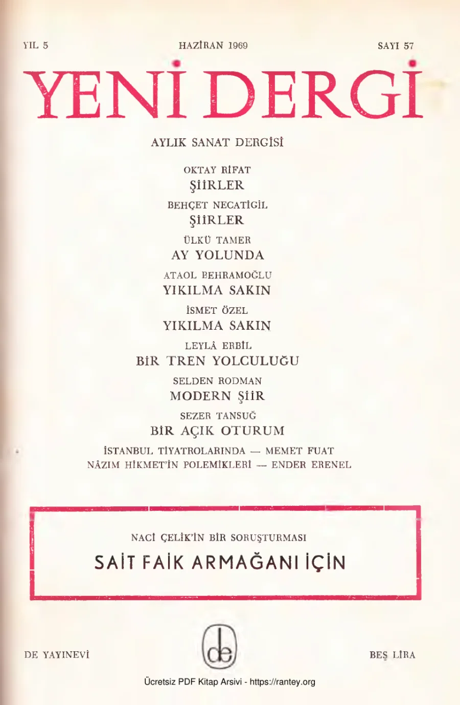 Yıl 1969 Sayı 57 Haziran 1969 Sait Faik Armağanı İçin kapak görseli