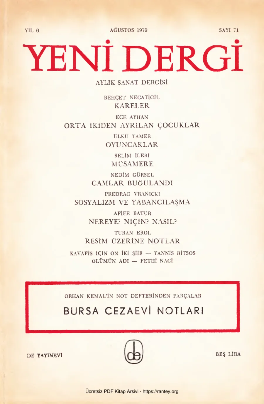 Yıl 1970 Sayı 71 Ağustos 1970 Orhan Kemal Bursa Cezaevi Notları kapak görseli