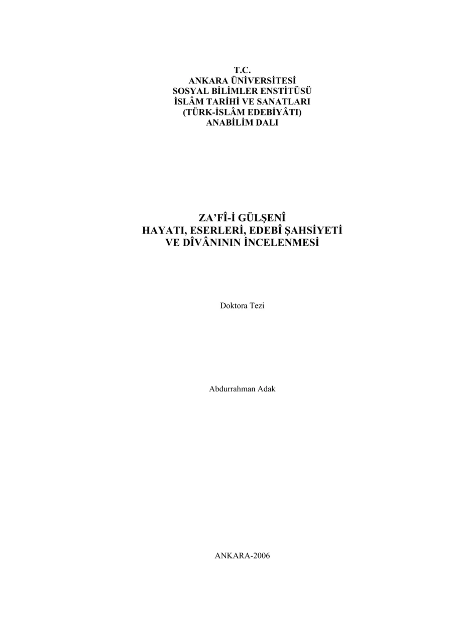 Za'fî-i Gülşenî: Hayatı, Eserleri, Edebî Şahsiyeti ve Dîvânının İncelenmesi kapak görseli